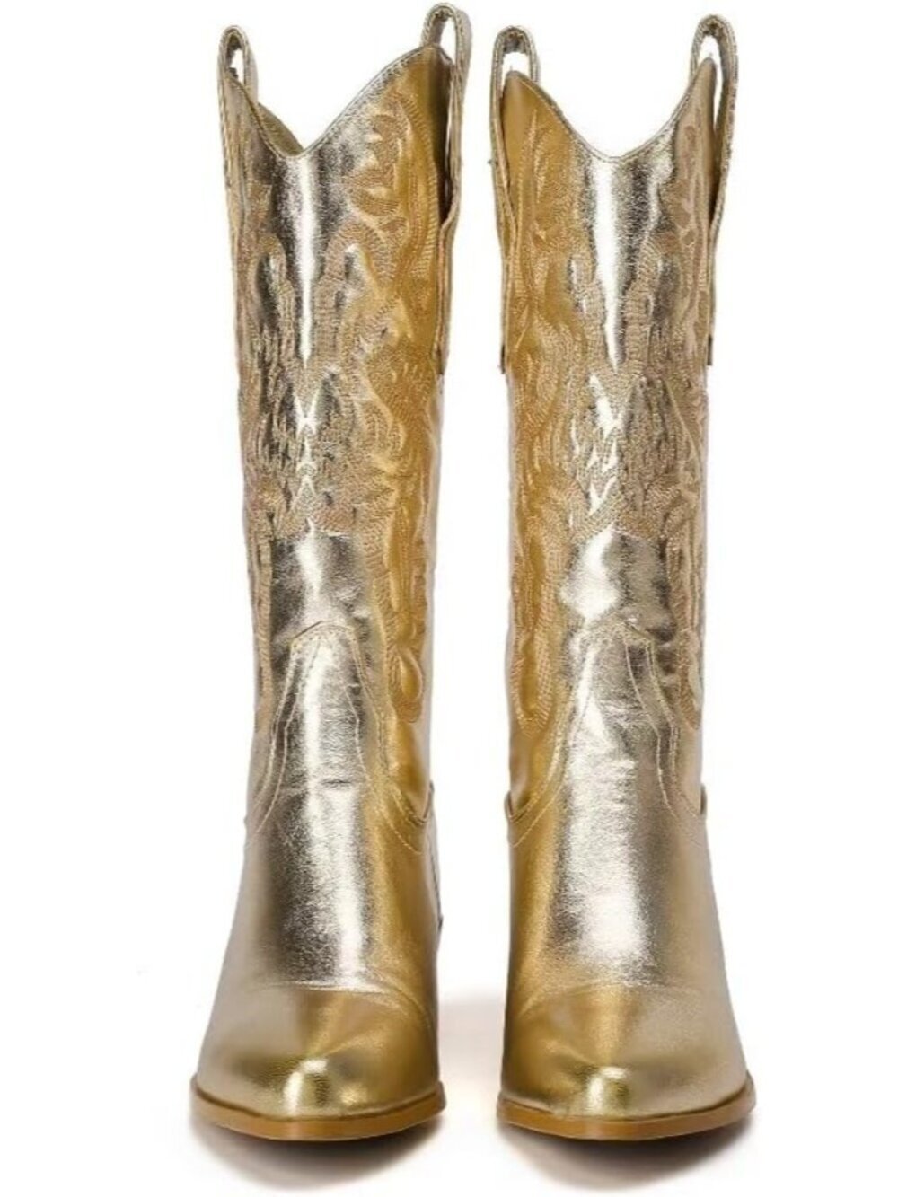 Women's Gold Embroidered Western Cowboy And Cowgirl Boots Chunky Heel Shiny Boot - Picture 3 of 5